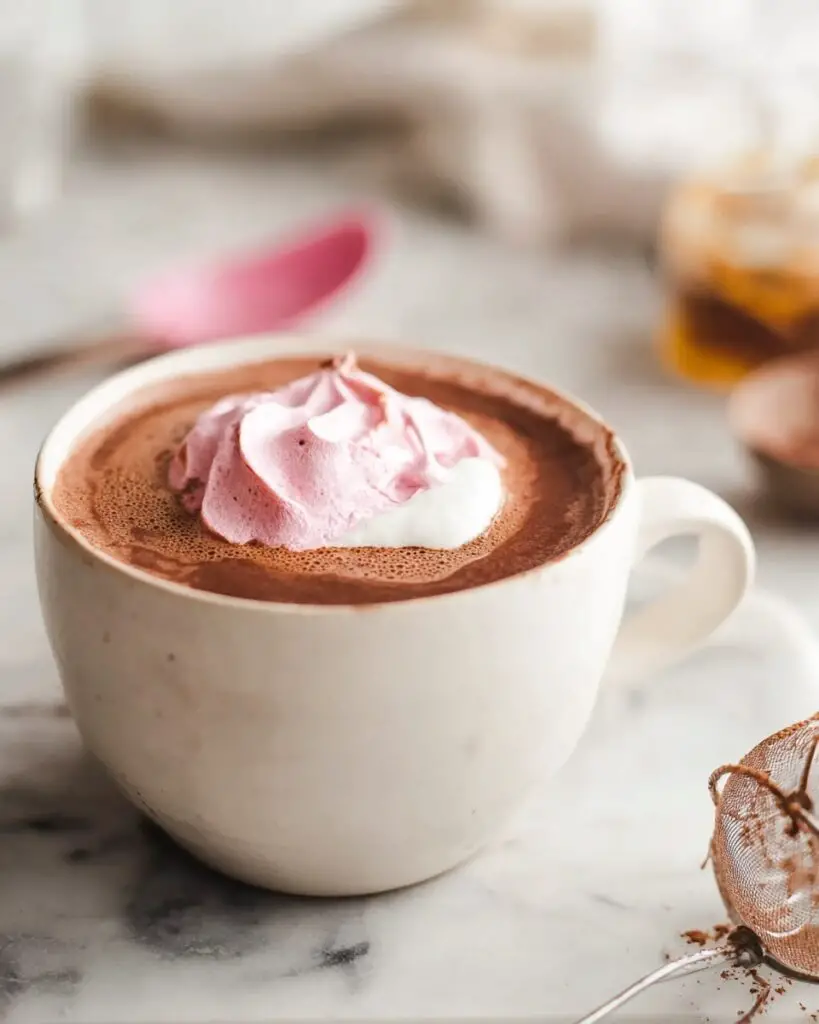 Homemade Honey-Sweetened Dark Chocolate Cocoa with Pink Whipped Cream