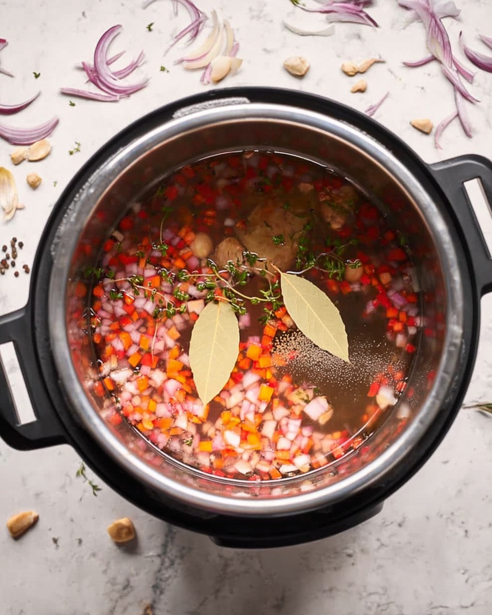A metal pot filled with clear water showing small red and orange diced vegetables evenly spread on top, with two light brown bay leaves floating near the center, green herb sprigs beneath the leaves, and a visible patch of ground black pepper on the right side, all inside a black cooking device with handles on each side. The background is a white marbled texture with scattered thin slices of purple onion and a few whole light-colored nuts. photo taken with an iphone --ar 4:5 --v 7