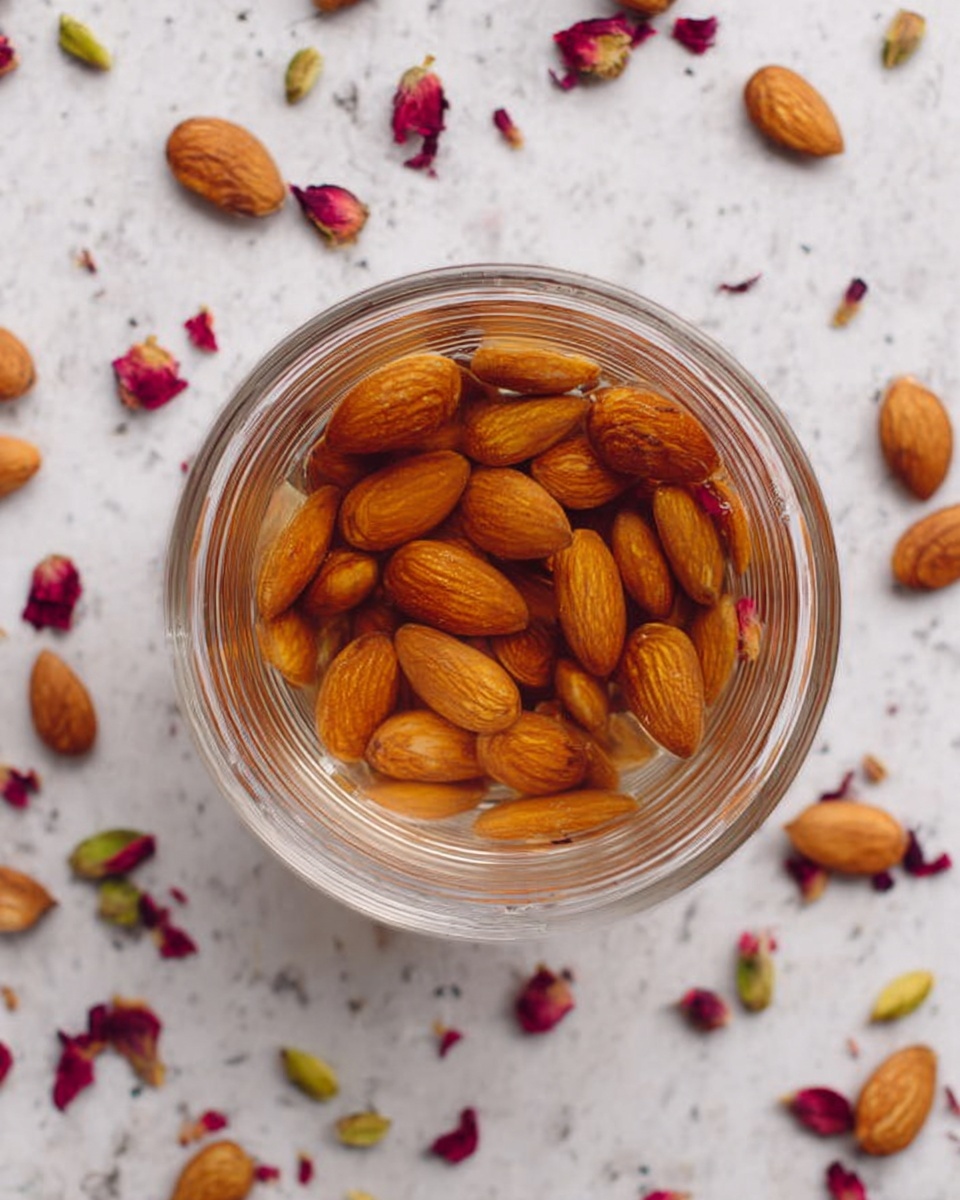 A large silver pot with black handles sits on a gray stovetop, filled with a thick, creamy white liquid being poured from a shiny silver kettle with black accents. The liquid is smooth and fills the pot almost to the top. The pot is centered on a white marbled surface scattered with whole almonds and some green and red spices. The image captures the pouring action from the kettle into the pot in bright, natural light. photo taken with an iphone --ar 4:5 --v 7