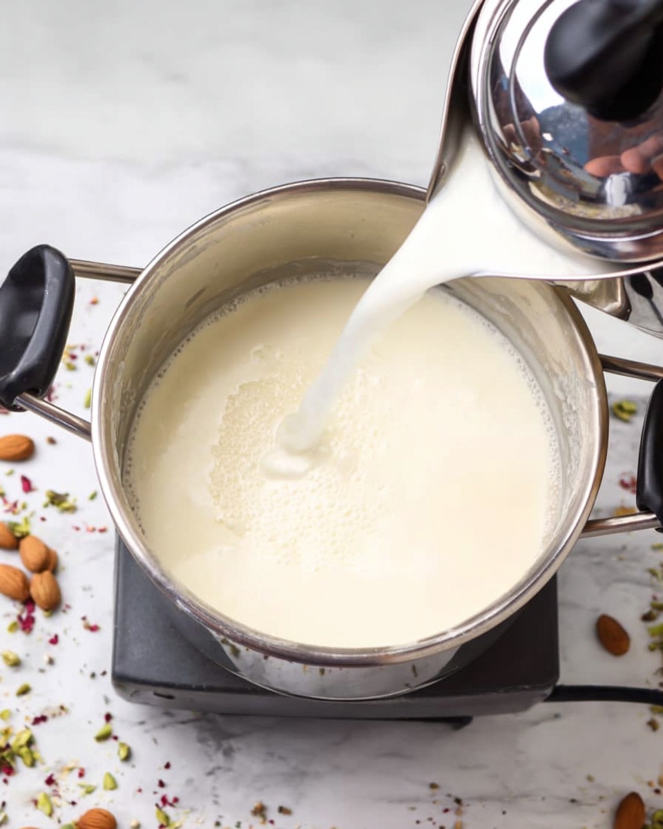 A deep white bowl filled with smooth, creamy yellow pudding is centered in the image. The pudding is topped with thin sliced almonds, bright green pistachio pieces, and small dark pink dried rose petals, all scattered evenly. The bowl sits on a fringed brown cloth napkin, placed on a round silver tray with intricate patterns. Next to the bowl, on the tray, is a small metal cup holding more sliced almonds. The scene is set on a white marbled textured surface with some scattered rose petals around. Photo taken with an iphone --ar 4:5 --v 7