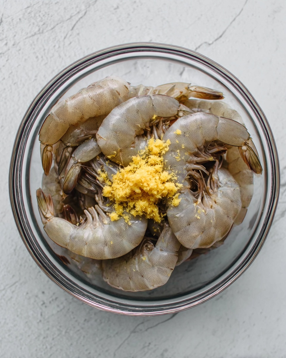 A glass bowl with large raw shrimp inside, arranged in a piled way showing their gray and slightly translucent shells. On top of the shrimp, there is a small pile of finely grated yellow ginger, scattered unevenly. The bowl sits on a white marbled surface, giving the image a clean and simple look. photo taken with an iphone --ar 4:5 --v 7