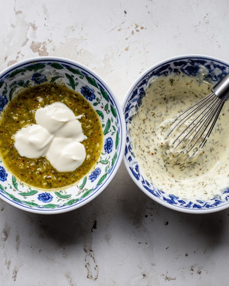 The image shows two white bowls with blue and green floral patterns on a white marbled surface. The left bowl contains a thick greenish-yellow sauce with small bits of vegetables or spices, topped with two dollops of smooth white cream placed side by side, creating a raised texture in the center. The right bowl holds a creamy white sauce mixed with green and brown herbs, with a metal whisk resting inside, blending the ingredients. The bowls have a shiny glaze that reflects light softly. photo taken with an iphone --ar 4:5 --v 7