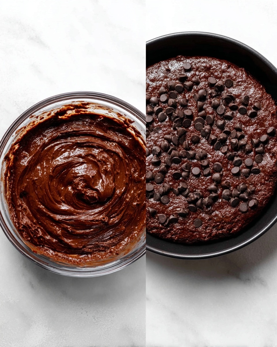 The image shows two parts of preparing chocolate batter. On the left, there is a clear glass bowl with smooth dark brown chocolate batter with a shiny and thick texture, all inside the bowl and swirled evenly. On the right, there is a black pan with the same chocolate batter spread flat and topped with scattered darker chocolate chips. Both are placed on a white marbled surface. photo taken with an iphone --ar 4:5 --v 7