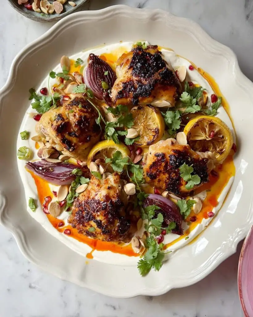 Harissa Chicken with Labneh, Roasted Red Peppers, and Red Onion Recipe