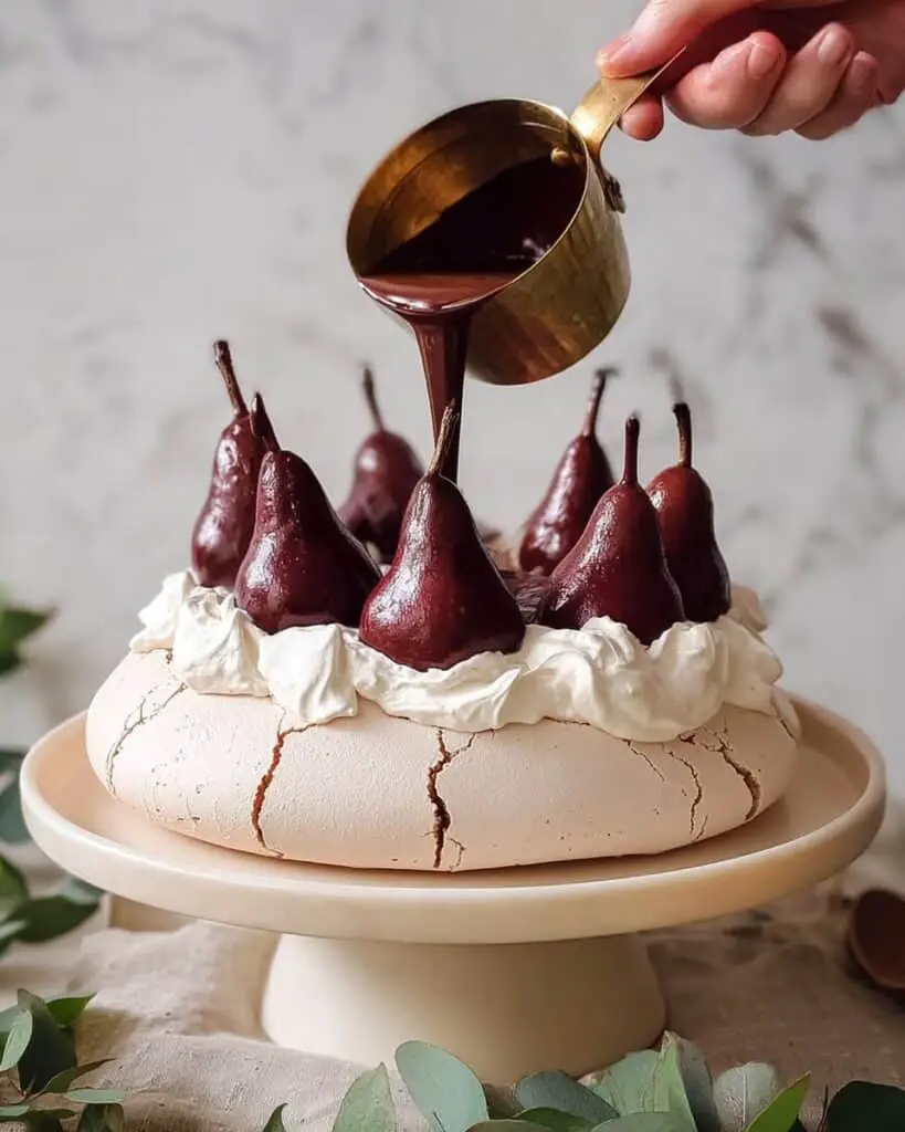 Poached Pear Pavlova with Chocolate Sauce Recipe