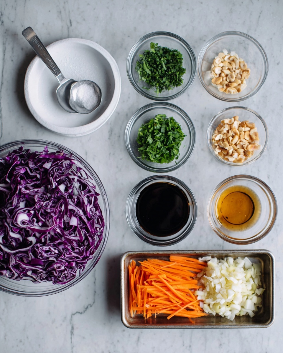 The image shows a white marbled surface with small clear glass bowls filled with different ingredients arranged neatly. There is a large clear bowl filled with shredded purple cabbage on the left bottom corner, sliced thin and layered densely. Above it, there is a small white round plate with a metal spoon resting on it, the spoon holding a pinch of salt. Next to the cabbage bowl and plate, there are two small clear bowls, one with finely chopped green herbs and the other with lightly crushed nuts. Below those, an additional clear bowl holds thin, long orange carrot sticks piled up. On the right, a small rectangular metal tray contains five small clear bowls with dark brown, light golden, black sauces, and minced white garlic with chopped onions. The arrangement is clean and well spaced with a simple presentation. photo taken with an iphone --ar 4:5 --v 7