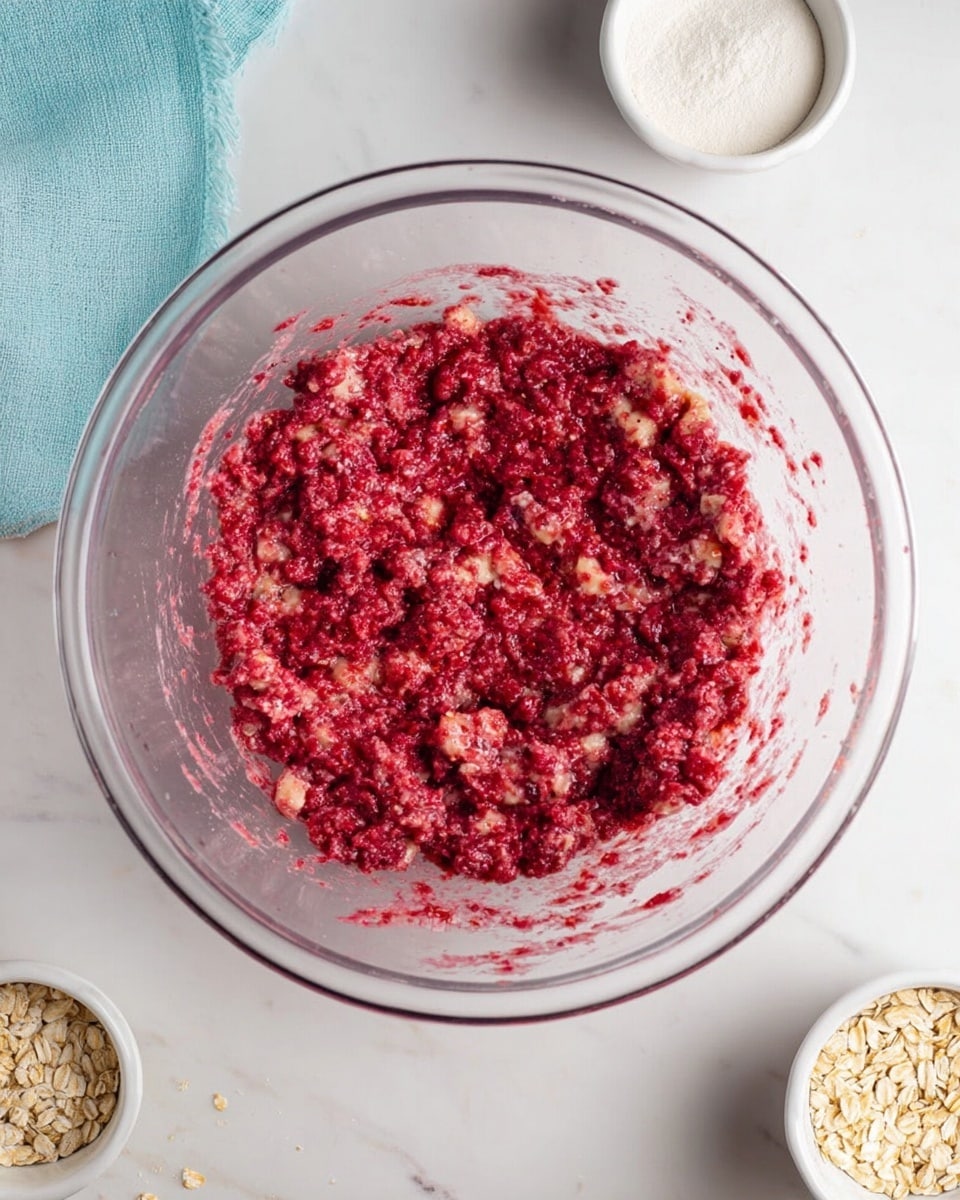 A clear glass bowl sits in the center on a white marbled surface, filled with a chunky mixture of red and off-white colors that look like smashed berries and banana, spreading out in an uneven layer with some bits sticking to the sides of the bowl. Around the bowl, there are small white containers holding different ingredients, one filled with oats and another with a white powdery substance. A light blue cloth is partially visible in the top left corner. photo taken with an iphone --ar 4:5 --v 7