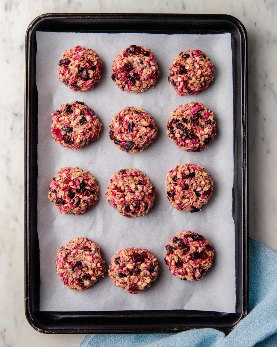 The image shows eight round, thick cookies on a white parchment paper-lined black baking tray. Each cookie is made of oats mixed with red and dark dried fruit pieces, giving them a textured look with colors of pink, red, and dark purple. The cookies are evenly spaced in two columns and four rows on the tray. The tray is placed on a white marbled surface with a soft blue cloth partially visible on the bottom right corner of the image. photo taken with an iphone --ar 4:5 --v 7
