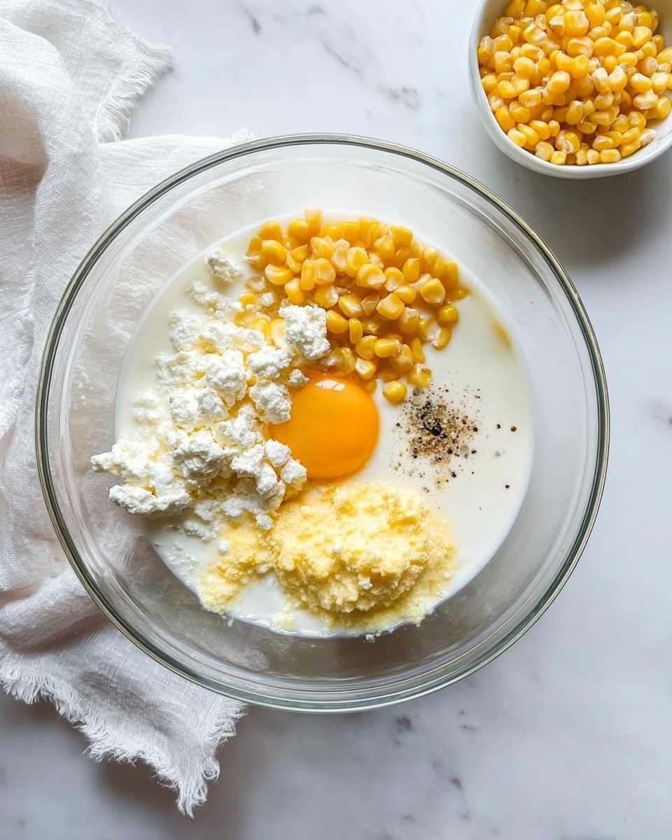 A clear glass bowl sits on a white marbled surface with a white cloth partially under it. Inside the bowl are several layers: at the bottom, a white liquid base, likely milk, fills part of the bowl; on one side, there is a bright white, crumbly cheese; next to it, a section of yellow sweet corn kernels; in the middle, there is a small pile of light yellow mashed corn; and on the opposite side, a raw egg yolk with the surrounding egg white is placed. A small sprinkle of ground black pepper rests near the egg yolk. In the top right background, a small white bowl filled with more yellow corn kernels is visible. photo taken with an iphone --ar 4:5 --v 7