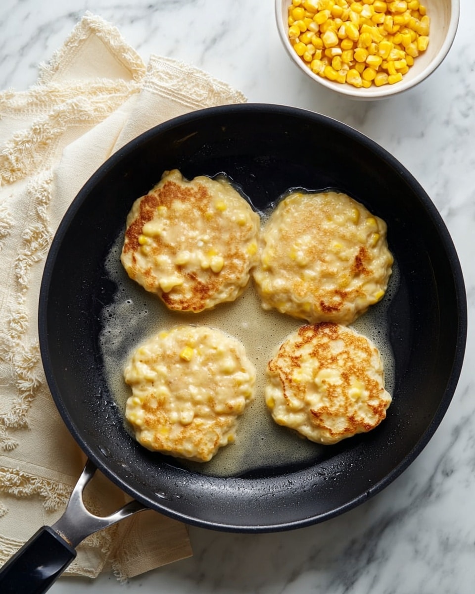 A black frying pan holds four small thick pancakes cooking in melted butter, each pancake uneven and lumpy with visible bits of yellow corn mixed throughout the creamy batter. Above the pan, a small white bowl sits filled with bright yellow corn kernels. The background is a white marbled surface, and a cream-colored cloth with lace edges is placed under the pan handle on the bottom left. photo taken with an iphone --ar 4:5 --v 7