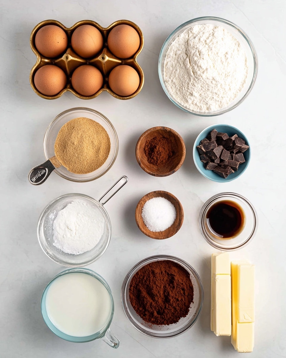 The image shows a neat layout of baking ingredients on a white marbled surface. At the top left, there is a gold egg holder shaped like a flower, holding six brown eggs. To its right, a clear glass bowl is filled with white flour. Below the eggs, a white bowl contains light brown sugar, and next to it a glass bowl holds small dark chocolate chunks. Below the flour and chocolate, there are three small wooden bowls: the top one has a dark brown powder (likely cinnamon), the middle one has white salt, and the bottom one some white baking powder. On the bottom left, a metal measuring cup contains white granulated sugar or a similar ingredient. To the right of it is a glass bowl with dark brown cocoa powder. Below them, on the left, a clear measuring cup holds milk or cream, in the center a small blue bowl contains dark vanilla extract, and on the right a glass measuring cup holds clear water. At the bottom right, there are two sticks of unsalted butter wrapped in yellow paper. Everything is arranged neatly and clearly on the smooth white marbled surface. Photo taken with an iphone --ar 4:5 --v 7