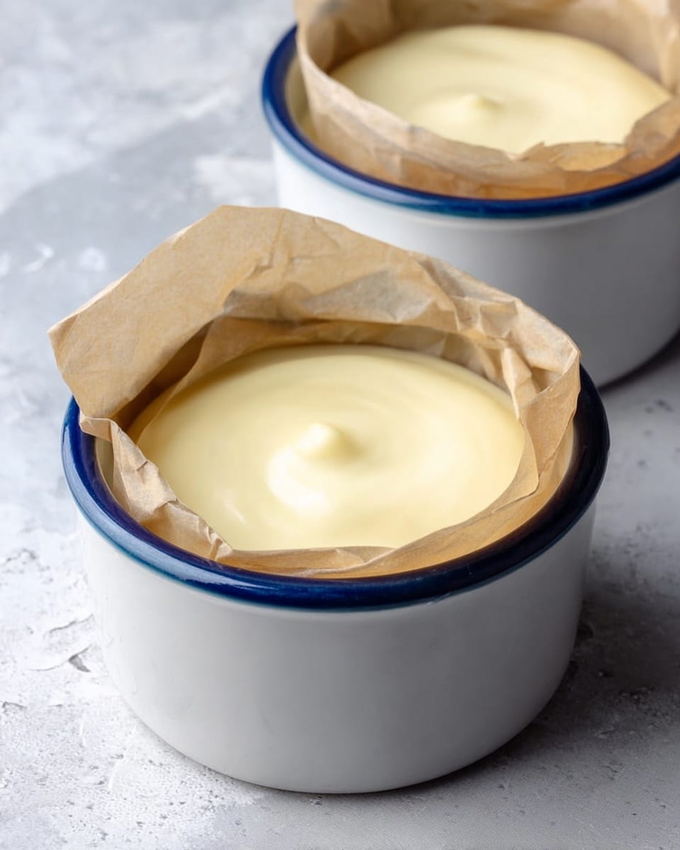 Two small blue ceramic ramekins lined with light brown parchment paper hold individually baked desserts with a soft, creamy yellow base and a dark brown, slightly uneven top layer that looks caramelized and slightly raised in the center. The ramekins sit on a white marbled surface, and the background is softly blurred with a hint of green pine branches. The light reflects gently on the smooth edges of the ramekins. photo taken with an iphone --ar 4:5 --v 7