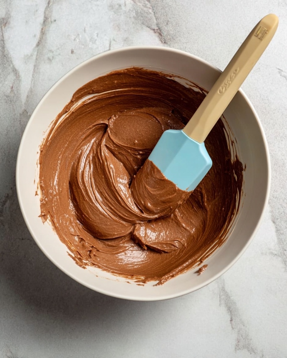 Inside a round white pot with a blue handle, there is a smooth layer of thick dark brown sauce spread evenly across the bottom. A wooden spoon with a cream silicone head rests inside the pot, partially covered in the sauce. In the background, there is a white pumpkin decoration on the left and a burning yellow candle on the right, all placed on a white marbled surface. photo taken with an iphone --ar 4:5 --v 7