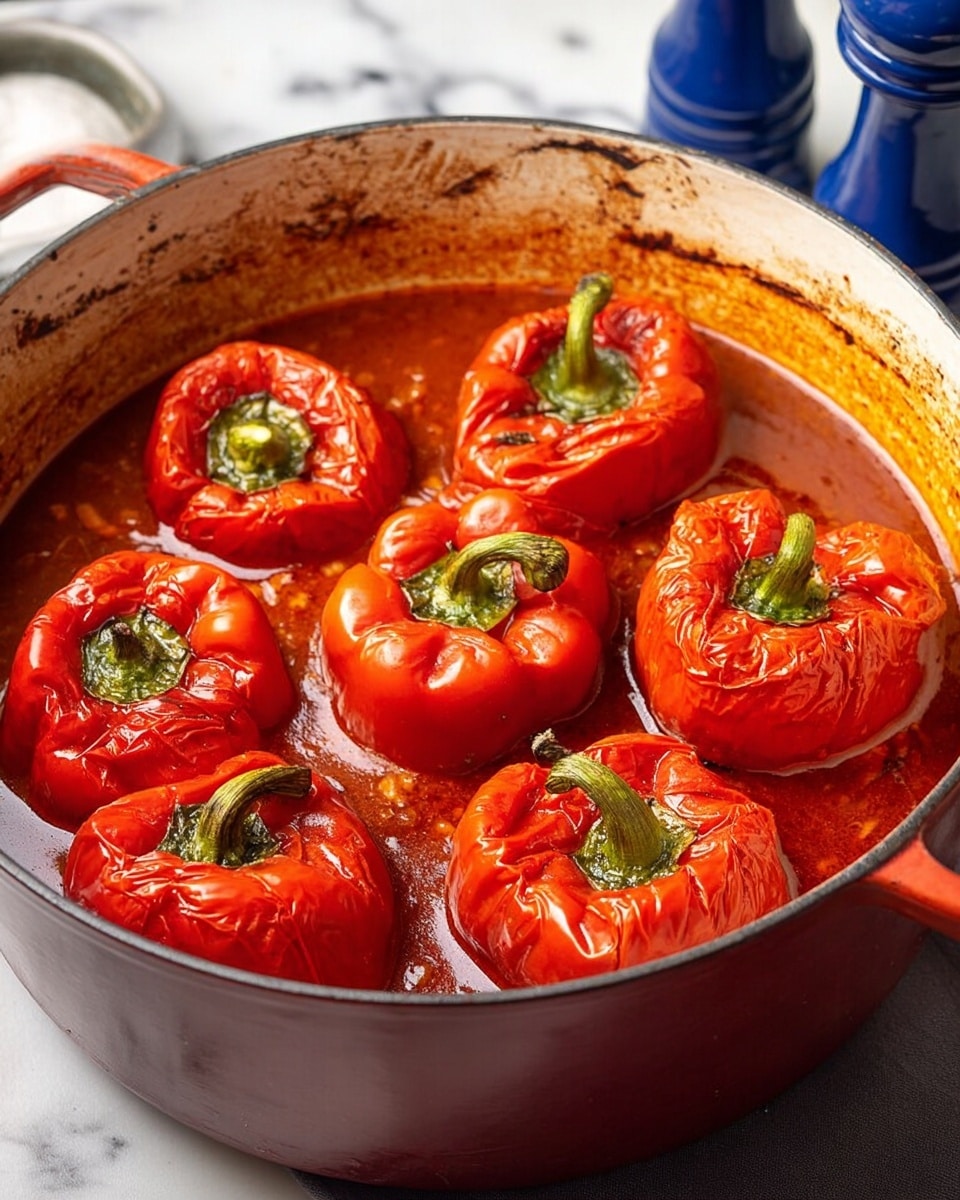 A large red pot filled with six whole cooked red bell peppers, each with wrinkled skin and green stems, sitting in a thick, rich red sauce that covers most of the peppers, the pot rests on a white marbled surface with a blurred blue salt and pepper shaker in the background, the inner rim of the pot shows sauce splatters and cooking marks, photo taken with an iphone --ar 4:5 --v 7