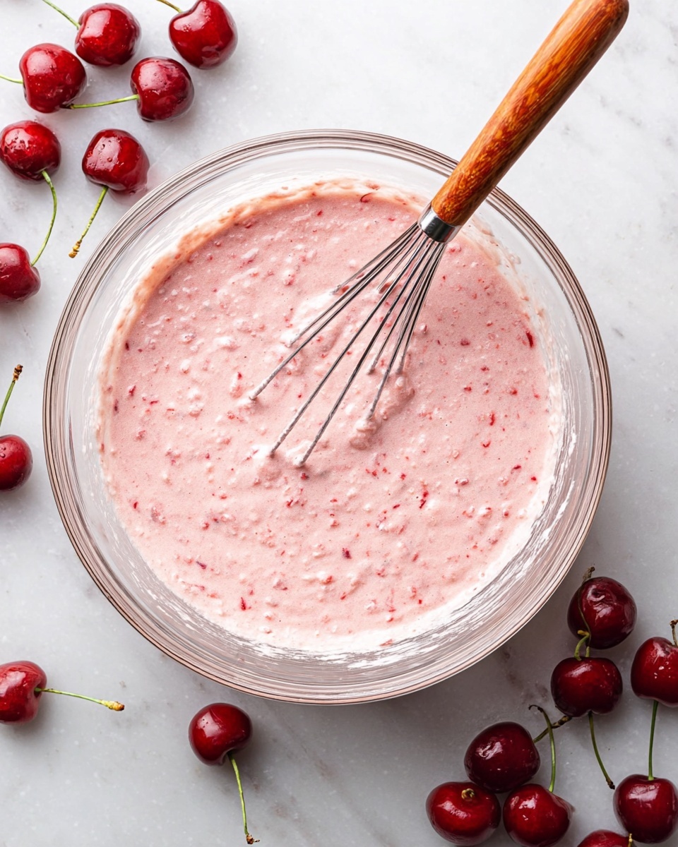 The image shows a glass filled with three visible layers. The bottom layer is dark red cherry halves lined up along the glass edge. The middle layer is a thick, bright pink creamy mixture with small bits of cherry inside. The top layer is a smooth white cream with more chopped cherries mixed in, sprinkled with tiny black chia seeds. On top, there are whole shiny dark red cherries with stems, some standing up and one cherry cut in half showing its inside. A metal spoon stands upright in the cream. The glass is on a white marbled surface with scattered fresh cherries and oats around, and a white bowl full of cherries blurred in the background. Photo taken with an iphone --ar 4:5 --v 7