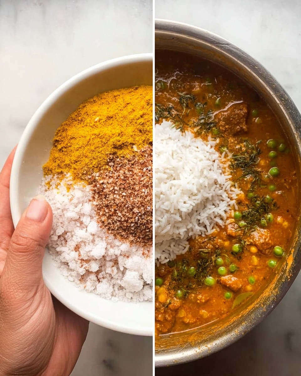 A close-up of a red bowl filled with a rice dish that has multiple layers. The bottom layer is golden-brown rice mixed with small green peas and bits of orange carrot. On top are medium-sized pieces of brown cooked meat and chunks of yellow potato. The dish is sprinkled with fresh green cilantro leaves, giving a bright touch. The bowl is placed on a rough beige cloth on a dark surface. A white bowl with a yogurt-like sauce topped with small pieces of purple onion is slightly blurred in the background. Photo taken with an iphone --ar 4:5 --v 7