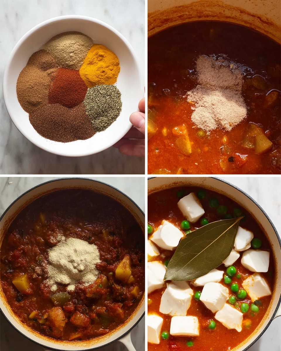 A blue bowl filled with orange curry containing chunks of paneer, shrimp, and red bell peppers, topped with green cilantro leaves; a silver spoon rests inside the bowl on the right side. To the top right of the bowl is a white bowl of steamed white rice garnished with small green herbs. To the left of the curry bowl lies a piece of flatbread with brown toasted spots and herbs on top. The background is a dark surface with some green herbs scattered and a light blue textured cloth draped on the right side. Photo taken with an iphone --ar 4:5 --v 7