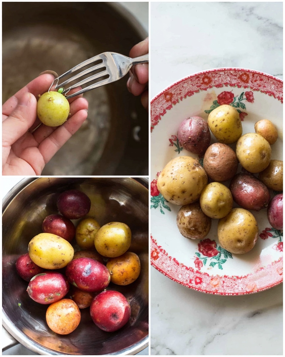The image shows three pictures of small potatoes at different stages. The top left picture has a woman's hand holding a pale yellow potato with small green sprouts, while a silver fork pokes into it. In the bottom left picture, various small potatoes in red, yellow, and slightly green colors rest at the bottom of a shiny metal pot. The large right picture features a white plate with a red and green floral pattern around the edge, filled with small cooked potatoes in red, yellow, and brown tones with wrinkled skin, and a woman's thumb is visible at the plate's edge. The surface beneath is a white marbled texture photo taken with an iphone --ar 4:5 --v 7