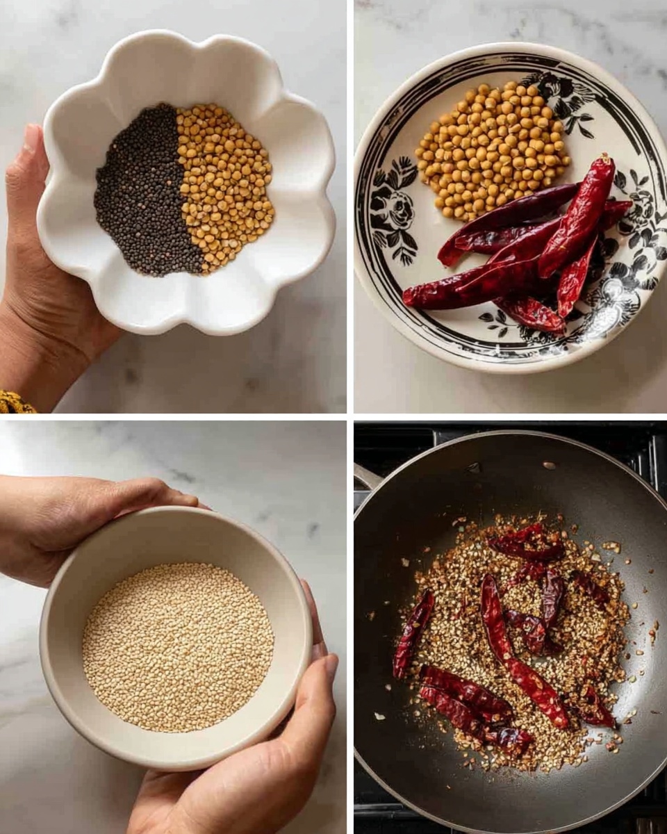 The collage shows five close-up images of dry ingredients used for cooking on a white marbled surface. The top left image has a woman's hand holding a white scalloped bowl with three types of seeds: small black mustard seeds on the left, light round flattened split chickpeas on the right, and larger yellow round split peas at the bottom. The top right image shows dried red chili peppers on a white bowl with a black floral pattern. The middle right image shows the mustard seeds, split chickpeas, and dried red chili peppers being toasted in a black nonstick pan. The bottom left image shows a woman's hand holding a plain white bowl filled with white sesame seeds. The bottom right image captures a metal bowl with toasted mustard seeds, split chickpeas, dried red chili peppers, and sesame seeds mixed together. Photo taken with an iphone --ar 4:5 --v 7