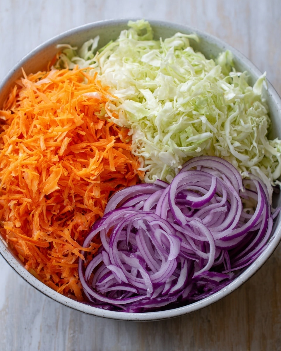 A round white bowl filled with three layers of shredded vegetables, each taking up about one-third of the bowl. The top layer is pale green shredded cabbage with a soft, thin texture. To the left is bright orange shredded carrot with a fine and slightly rough look. To the right is thinly sliced rings of purple onion, showing clear inner rings and a smooth texture. The bowl sits on a white marbled surface, photo taken with an iphone --ar 4:5 --v 7