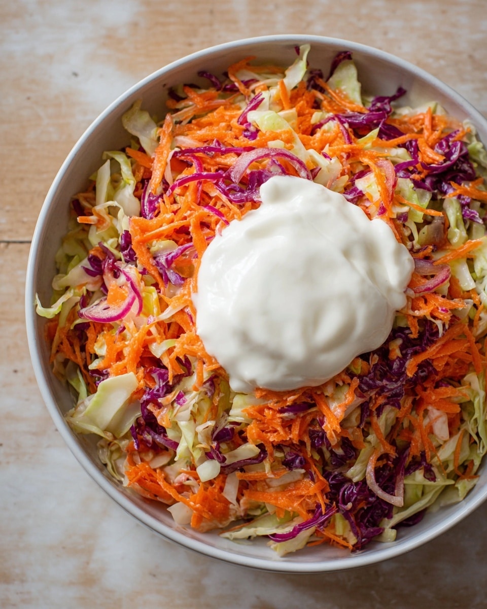 A blue bowl filled with a salad made of three visible layers: the bottom layer is light green cabbage shredded finely, mixed with grated orange carrots in the middle layer, and thin slices of purple red onions scattered on top. The salad is mixed with a creamy, light-colored dressing that coats all ingredients evenly, giving a smooth texture with small specks of black pepper sprinkled over. The bowl sits on a white marbled textured surface, with two whole red onions and a jar of white dressing blurred in the background, and a wooden spoon placed nearby. photo taken with an iphone --ar 4:5 --v 7
