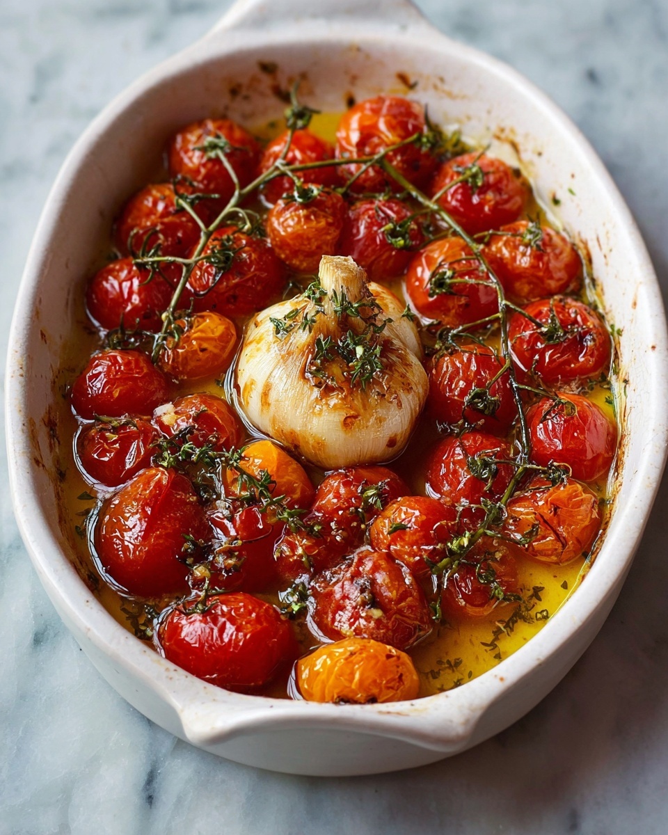 A white oval baking dish filled with roasted small red and orange cherry tomatoes, some still on thin green stems, covered in a shiny layer of oil. In the center, a whole bulb of roasted garlic with a soft, golden-brown toasted top rests. Scattered thyme sprigs add a touch of green and texture over the tomatoes, all sitting in a shallow pool of golden oil. The dish sits on a white marbled surface. photo taken with an iphone --ar 4:5 --v 7