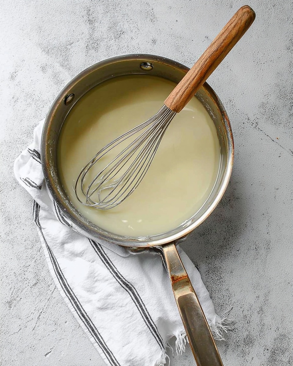 A metal pan with two handles contains a pale yellow creamy liquid with a slightly white swirl on the right side. A whisk with a wooden handle and metal wires rests inside the pan, partially submerged in the liquid. Below the pan is a white towel with thin black stripes placed on a white marbled textured surface. Photo taken with an iphone --ar 4:5 --v 7