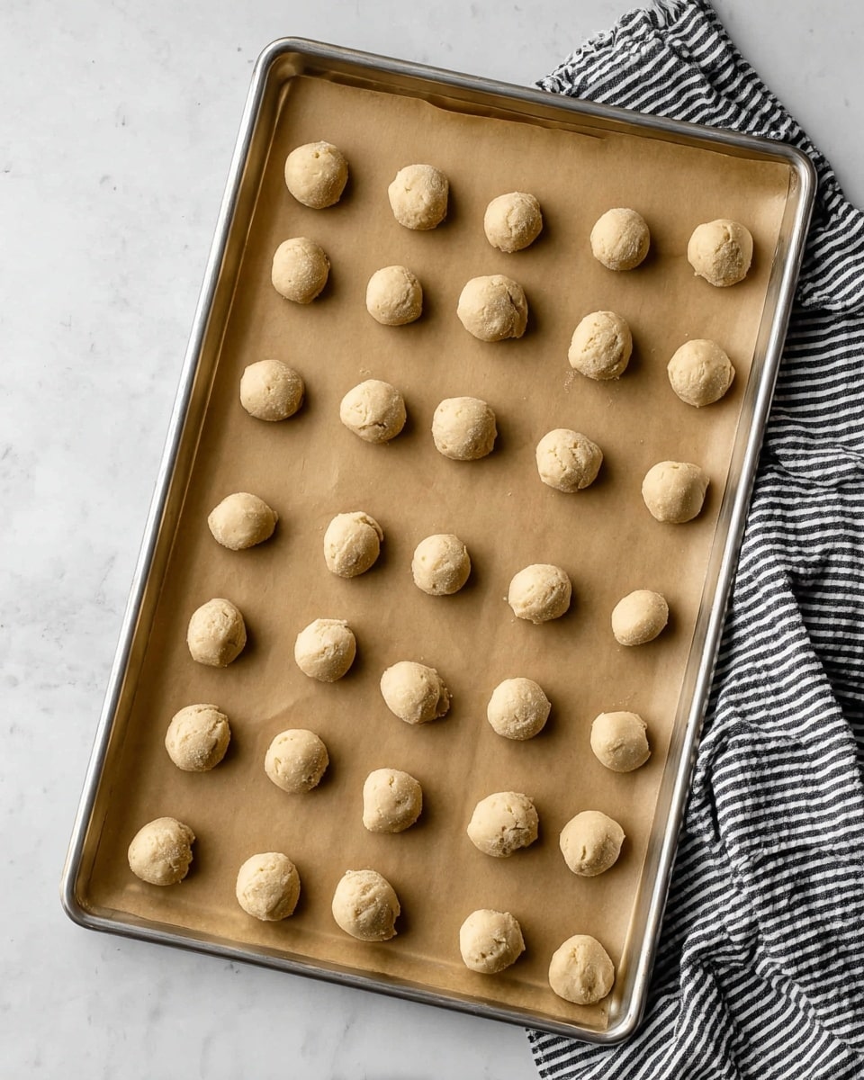 A wooden bowl holds seven round cookies dusted thickly in white powdered sugar, resting on crinkled brown parchment paper. Two cookies are cut open on top, revealing a light beige crumbly outer layer and a glossy dark brown chocolate triangular center. The bowl sits on a white marbled surface with a striped cloth next to it, and scattered chocolate balls and crumpled foil wrappers around. Photo taken with an iphone --ar 4:5 --v 7