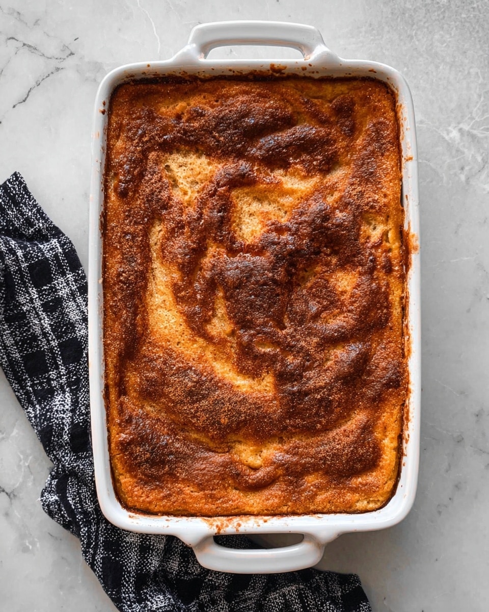 A square piece of baked dessert is lifted by a spatula from a white baking dish. The dessert has two visible layers: a thick, soft, creamy off-white base layer and a thin, crunchy, light brown top layer sprinkled with sugar and cinnamon. The top surface looks slightly grainy and caramelized. The background is a white marbled texture. photo taken with an iphone --ar 4:5 --v 7