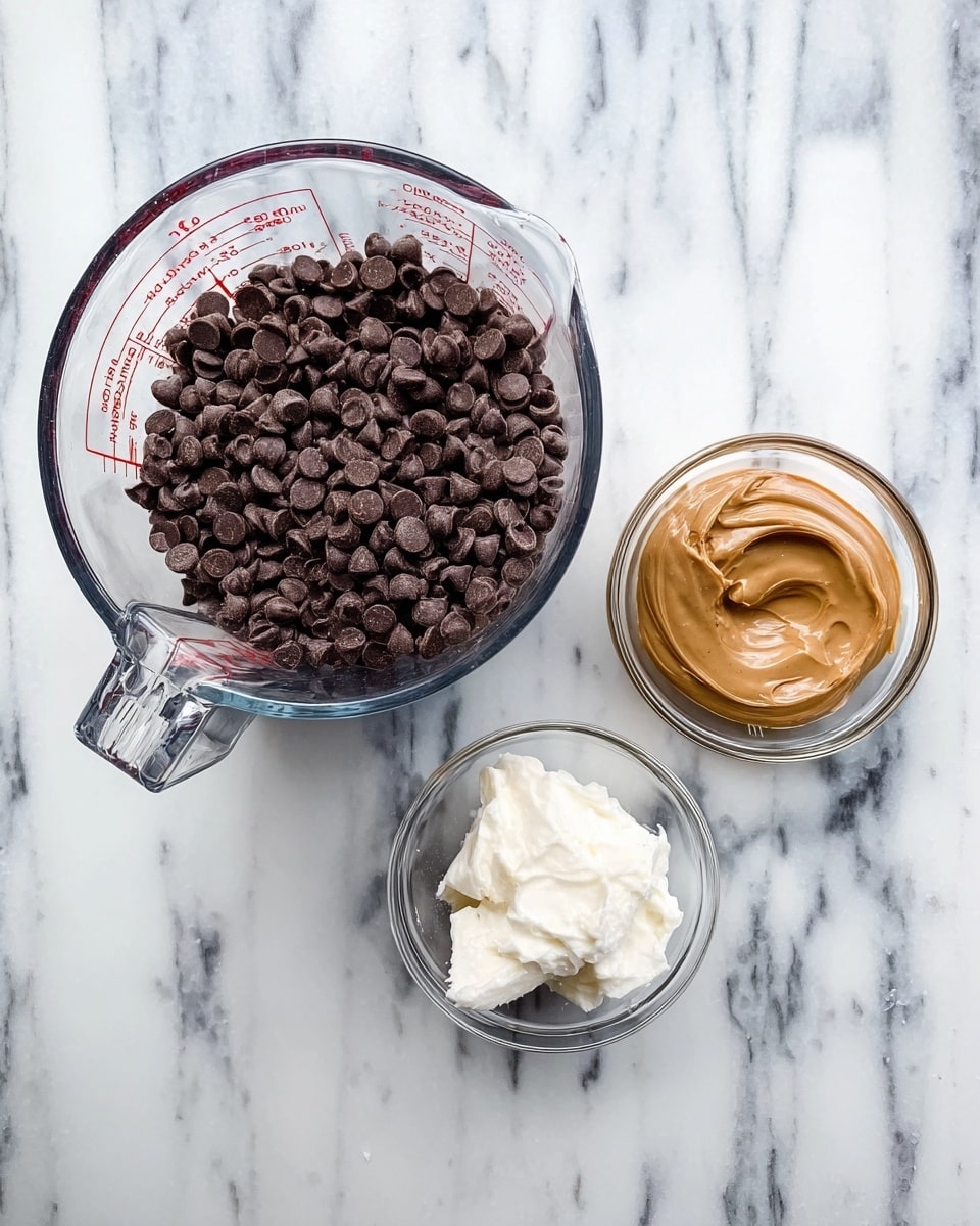 The image shows three clear glass containers placed on a white marbled surface. On the left is a large glass measuring cup filled with dark brown chocolate chips, forming one solid layer inside. On the top right is a small glass bowl holding a smooth, thick layer of light brown peanut butter. Below it, on the bottom right, another small glass bowl contains a white, creamy, soft layer of coconut oil. All items are spaced evenly, with no other objects in the scene. Photo taken with an iphone --ar 4:5 --v 7