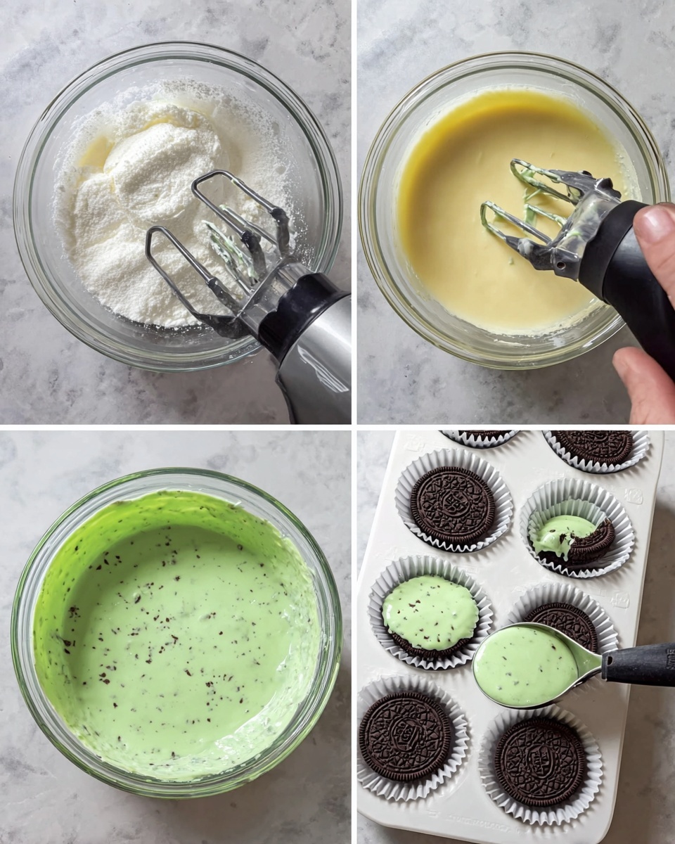 A collage of four images shows the process of making a mint green batter for cupcakes. The first image has a clear glass bowl filled with white creamy butter and sugar, with a hand mixer inside. The second image shows the same bowl now with a smooth pale yellow batter and the hand mixer resting inside. The third image displays the batter turned bright green with small dark spots, likely chocolate chips, with a black spoon stirring it. The fourth image shows a white paper-lined white cupcake tray with a chocolate cookie at the bottom of each liner, while a metal ice cream scoop held by a woman's hand pours the green batter on top of one cookie. The setting is a white marbled textured surface throughout the images. photo taken with an iphone --ar 4:5 --v 7