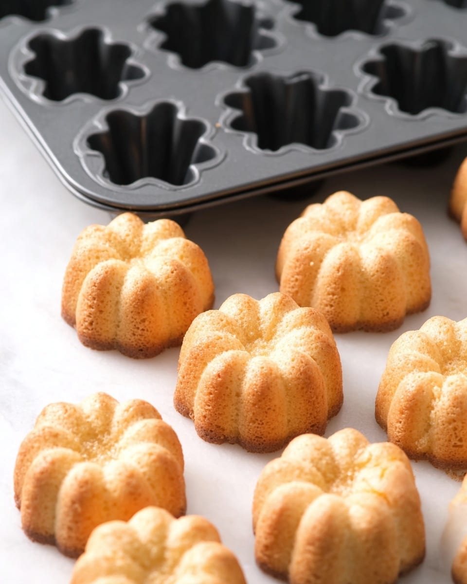 The image shows a group of small, round cakes with a light golden brown color, shaped like flowers with soft ridges on the edges. Each cake has two visible layers, a slightly darker top, and a lighter bottom, resting on a white marbled surface. Behind the cakes, there is a dark gray metal baking mold with flower-shaped slots, some empty and some holding the cakes. The cakes have a smooth texture with tiny crumb spots on top, giving them a fresh-baked look. Photo taken with an iphone --ar 4:5 --v 7