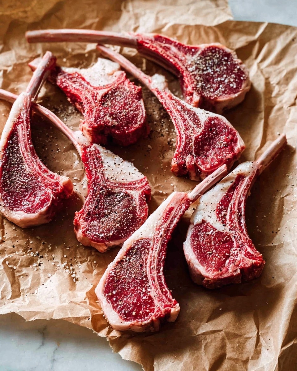 A black cast iron skillet holds seven browned lamb chops with a crispy texture, each topped with small pieces of dark green rosemary. The lamb chops have a rich, golden-brown color with visible seasoning, and are placed overlapping each other inside the skillet. Scattered between the chops are several charred lemon slices showing a toast color with darker edges. Two sprigs of fresh rosemary lie on the right side of the skillet. The skillet rests on a white marbled surface. photo taken with an iphone --ar 4:5 --v 7