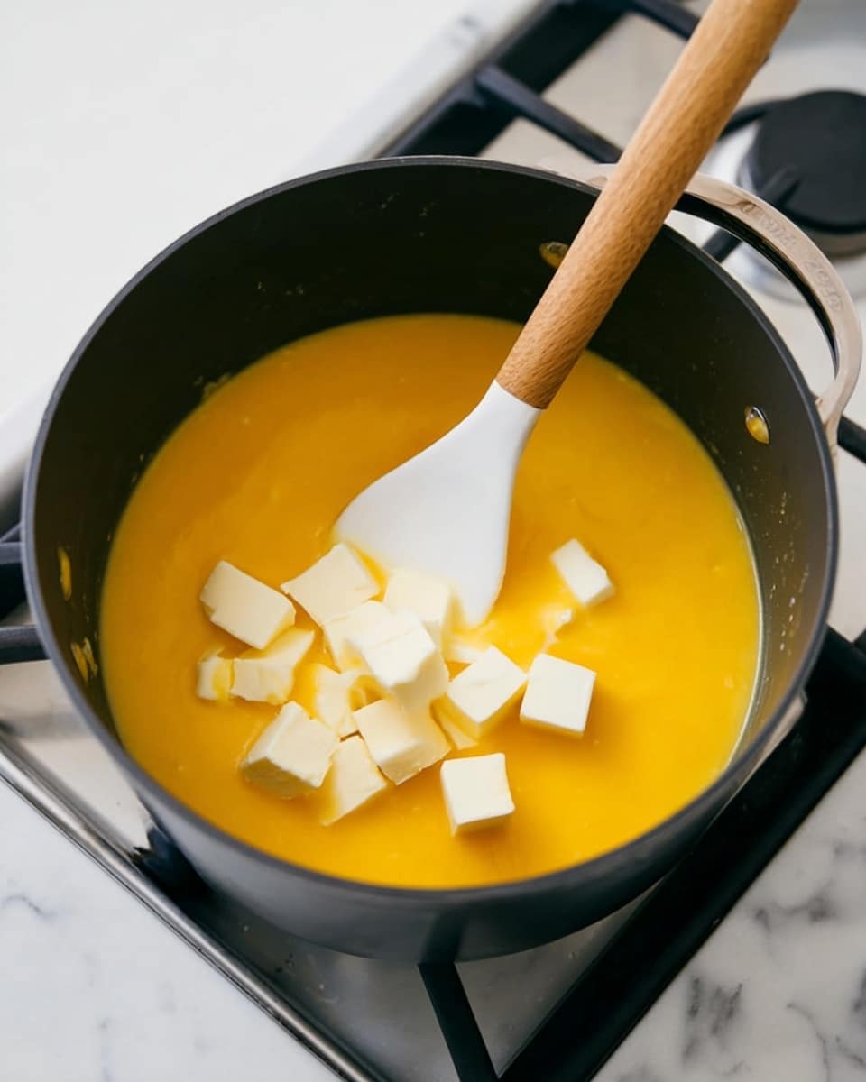 The image shows a tart with three visible layers on a white plate with a wavy edge, placed on a white marbled surface. The bottom layer is a crumbly, light brown crust forming the base and the sides of the tart. The middle layer is bright yellow and smooth, sitting directly on top of the crust. The top layer is dark purple with a shiny, glossy texture, slightly thicker than the yellow layer. A triangular slice is cut and slightly pulled out, showing clear separation between the layers and the inside of the tart. Photo taken with an iphone --ar 4:5 --v 7