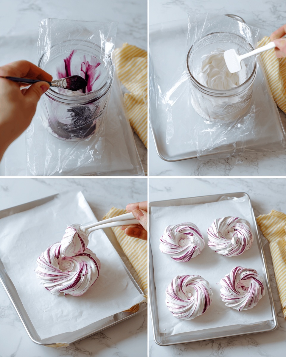A single-layer round meringue nest with swirled textures of creamy off-white and subtle pinkish-purple hues, topped with a dark purple cherry half and small white chocolate curls scattered on top and around the base. The meringue sits on an old vintage sheet of music on a wooden board, with a bowl of shiny dark red cherries blurred in the background. The surface has a warm wooden texture with natural grains and knots visible. Photo taken with an iphone --ar 4:5 --v 7