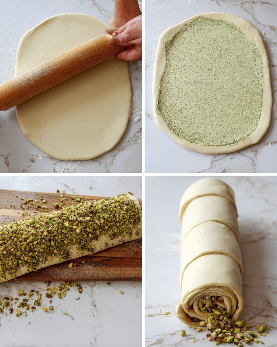 A white rectangular baking dish holds nine cinnamon rolls arranged in a 3x3 grid, each roll thick and golden-brown at the base with a visible spiraled texture. The top layer is a thick, creamy, pale green frosting generously spread over each roll, creating smooth rounded swirls. Small, chopped green and yellow pistachios are sprinkled unevenly over the frosting, adding texture and color contrast. The background shows a blurred white marbled surface with decorative elements in soft focus, giving a cozy kitchen vibe. Photo taken with an iphone --ar 4:5 --v 7