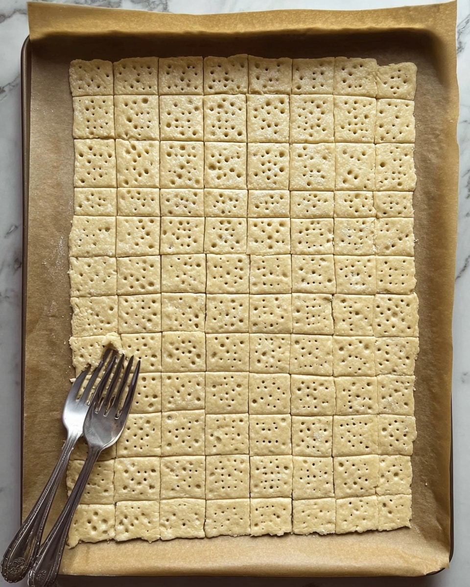 A clear glass jar is filled with many square crackers that have a light golden color with small black specks and a slightly rough texture. The crackers have tiny holes arranged evenly on their surfaces. Near the top of the jar, a fresh green sprig of rosemary stands out against the crackers. The jar sits on a white marbled surface where a few more crackers are scattered around. Photo taken with an iphone --ar 4:5 --v 7