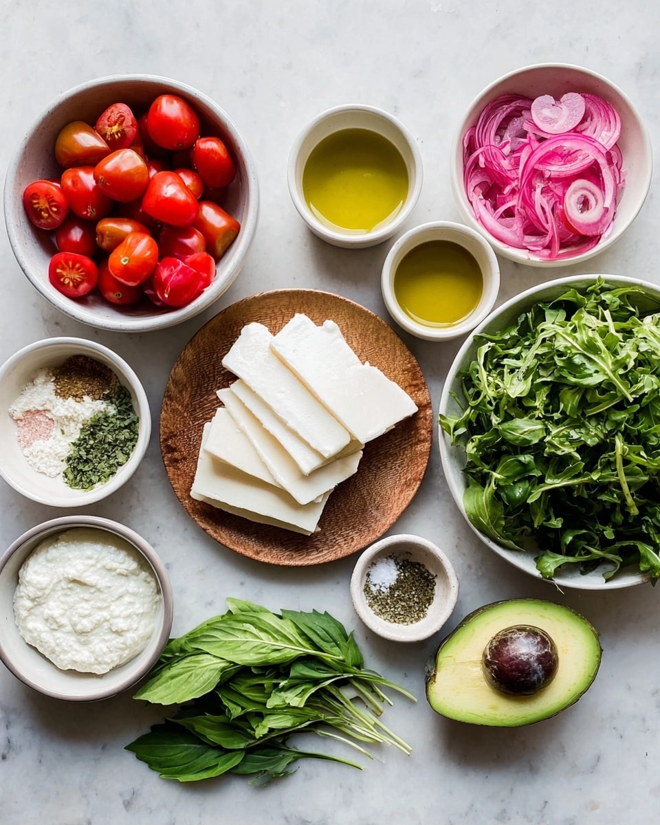 The image shows an overhead view of various fresh ingredients on a white marbled surface. On the left, there is a white bowl filled with cherry tomatoes, some cut in half, and a small white bowl with pickled sliced red onions above it. Next to them, a wooden round plate holds thick white cheese slices. Above this plate, there is a small white bowl with olive oil, and to the right, an avocado half with the seed still inside. Below the avocado, two white bowls contain white creamy sauces. A small white plate with green herbs, salt, and spices is next to the sauces. On the right side, a large white bowl holds a heap of green leafy arugula. Fresh basil stems are laid out in front of the ingredients. photo taken with an iphone --ar 4:5 --v 7
