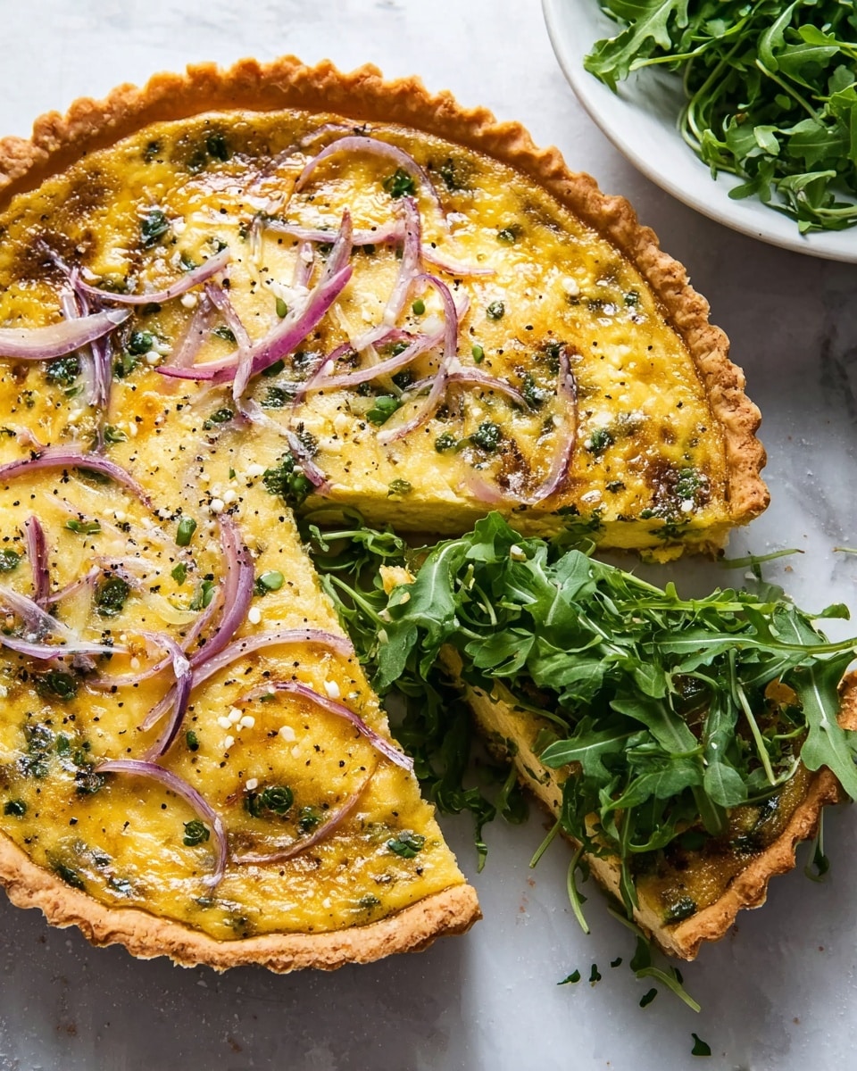 A round tart in a black fluted pan with a golden, baked crust forming a slightly scalloped edge. Inside, there is a thick layer of yellowish filling with a mixed texture of soft and slightly browned top, scattered with small bits of green herbs and finely chopped ingredients. Five thin rings of purple onion are placed on top, spaced unevenly across the surface. The tart sits on a white marbled background. Photo taken with an iphone --ar 4:5 --v 7