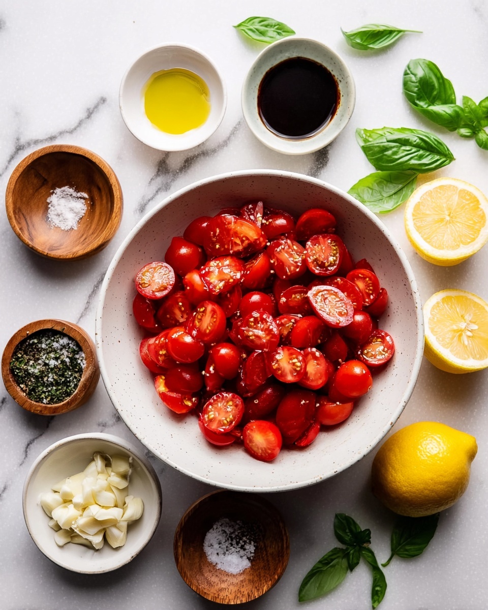 A large white bowl sits in the center filled with many halved cherry tomatoes showing red and deep red colors with smooth textures. Around the main bowl are six small white and wooden bowls and dishes arranged on a white marbled surface; one holds chopped garlic with a rough texture, another filled halfway with golden olive oil, one contains black and white pepper with some salt in a small wooden dish, and another has dark soy sauce. To the upper right, two lemon halves with a bright yellow color and juicy texture are placed near green basil leaves scattered around the setup. The photo taken with an iphone --ar 4:5 --v 7