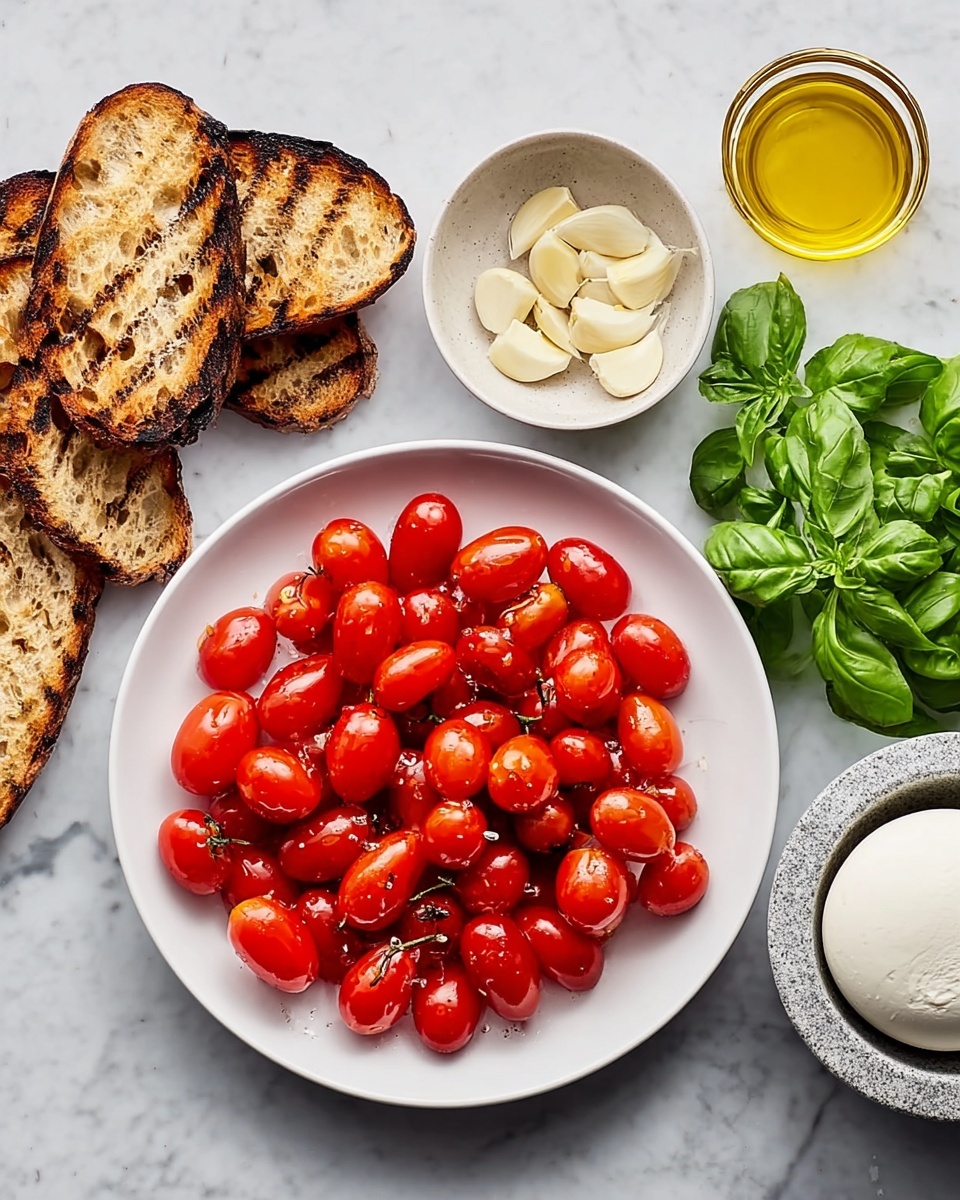 A close-up view of a frying pan filled with bright red cherry tomatoes that are softened and shining with oil. Some tomatoes have small charred black spots on their skin. Thin slices of pale yellow garlic and small dark green leaves are mixed among the tomatoes. The pan rests on a white marbled surface, and the colors are warm and vibrant, showing a juicy and slightly cooked texture. photo taken with an iphone --ar 4:5 --v 7