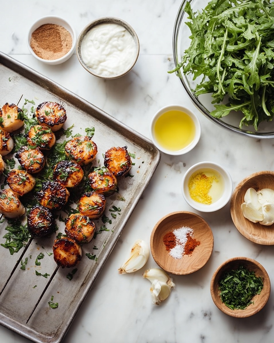 The image shows a metal tray on the left side with three skewers of grilled scallops. Each skewer has around six scallops, browned and slightly charred with a shine from glaze, sprinkled with green herbs. To the right, there are several small white bowls and wooden dishes arranged on a white marbled surface. The bowls hold white creamy sauce, golden liquid, minced garlic on a small white plate, a reddish-brown powder, salt, black pepper, and a small dish with grated yellow zest. There is also a pile of fresh green leafy arugula spread between the bowls and a glass bowl filled with more arugula in the lower right corner. photo taken with an iphone --ar 4:5 --v 7