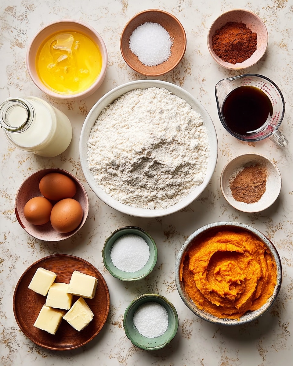 The image shows various baking ingredients arranged neatly on a white marbled surface. In the center, there is one large white bowl filled with white flour. Surrounding it are smaller bowls and items: melted yellow butter in a white bowl on the top left, a clear glass bottle of milk on the bottom left, two brown eggs placed beside a small round bowl of cocoa powder, and a small wooden plate with butter chunks nearby. There is also a small ceramic bowl with cinnamon powder, a pink bowl with white sugar, a grey bowl with salt, a small white bowl with baking powder, a green bowl full of bright orange pumpkin puree, and a clear measuring cup filled with a dark liquid on the top right. Each item is distinct in color and texture, set clearly apart from the white marbled background. Photo taken with an iphone --ar 4:5 --v 7