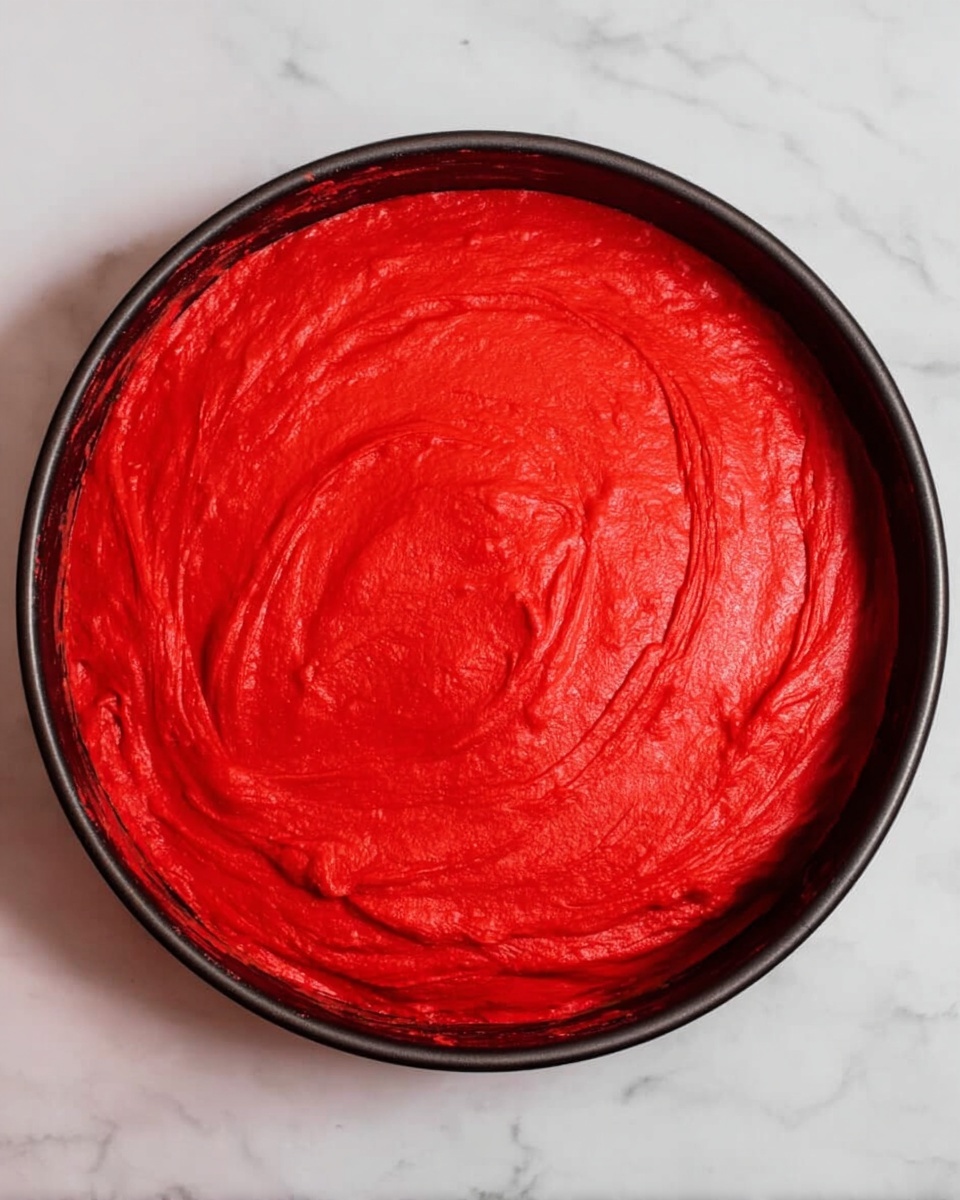 A three-layer round cake sits on a white marbled surface, with a slice removed and placed on a white plate in front. The bottom layer is bright red with a moist texture, topped by a thick, creamy off-white middle layer, and finished with a smooth white frosting layer. Crumbled dark cookie pieces are scattered along the edge of the top layer of the whole cake and the slice on the plate. A gold and white fork holds a small bite of the cake, showing the distinct layers. The overall setting is clean and bright. photo taken with an iphone --ar 4:5 --v 7