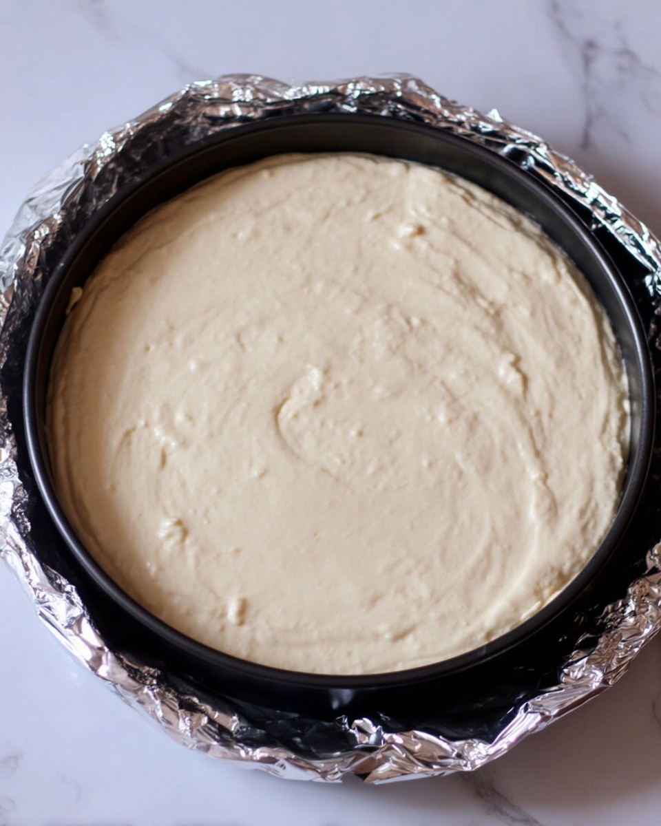 A thick layer of bright red batter with a smooth, creamy texture fills a black round baking pan, evenly spread with light swirling patterns on the surface. The background is a white marbled surface. photo taken with an iphone --ar 4:5 --v 7