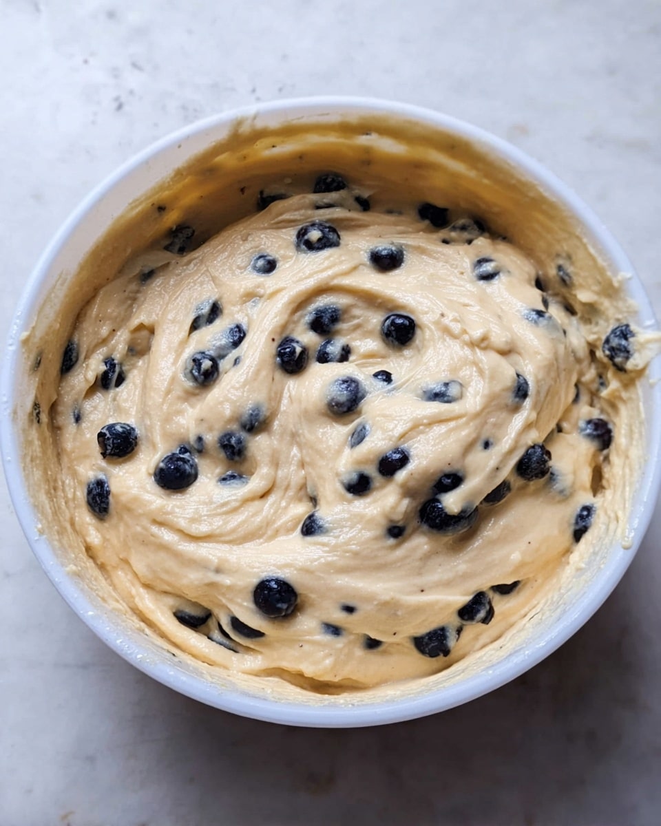 A white bowl filled with thick, creamy light beige batter mixed with many small dark blueberries scattered evenly throughout. The batter has a smooth texture with some soft folds and swirls visible inside the bowl. The bowl sits on a white marbled surface. Photo taken with an iphone --ar 4:5 --v 7