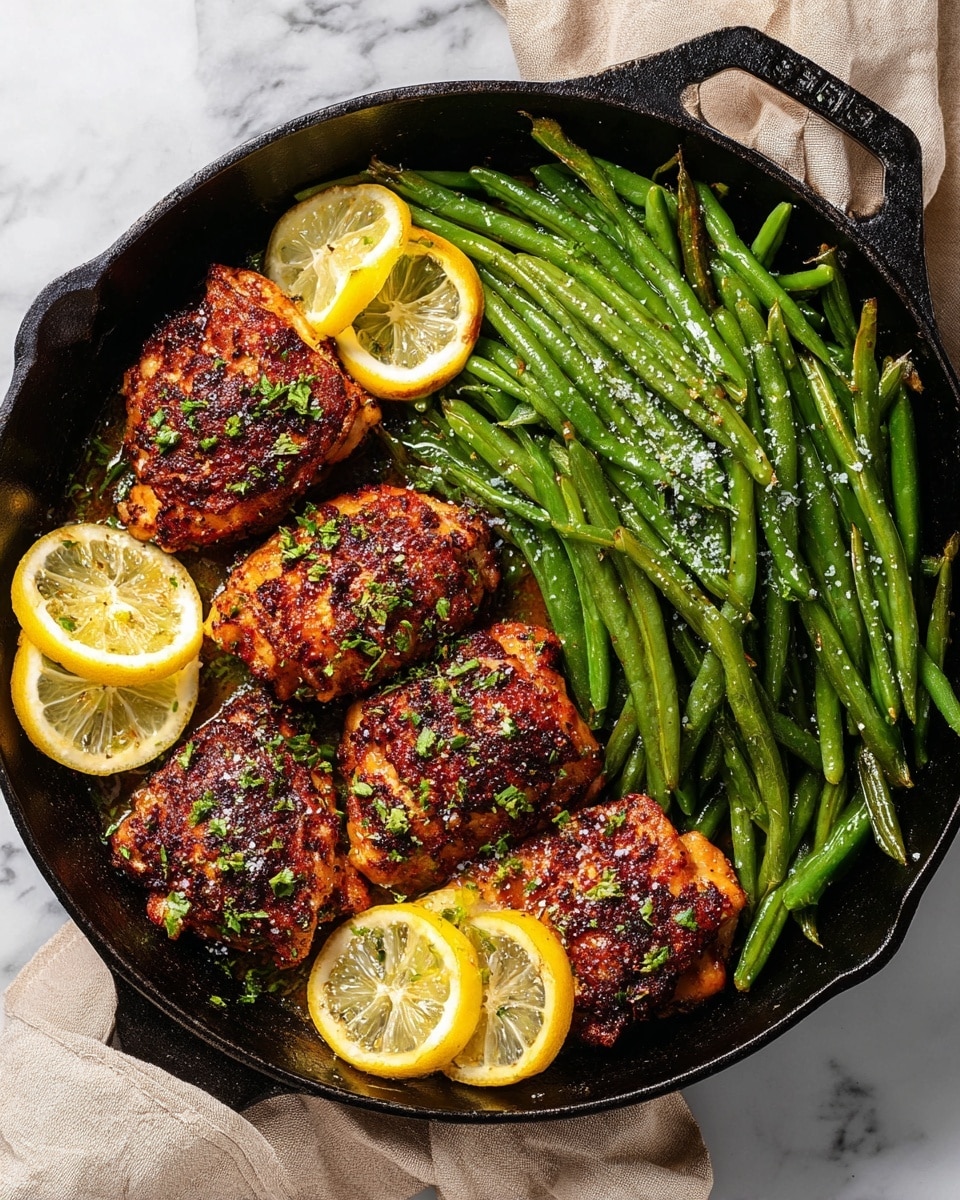 A round white plate holds three main parts: at the top right, a layer of light brown cooked rice with scattered green herbs sits as the base layer; on top of the rice, two pieces of dark brown grilled chicken are placed side by side, showing a textured, slightly charred surface dotted with small green herb pieces; to the left, a pile of cooked green beans laid in a small mound with visible seasoning and a lemon slice resting on top near the chicken. The plate is set on a white marbled surface with a silver fork at the right edge of the plate and part of a beige linen cloth beneath it. Photo taken with an iphone --ar 4:5 --v 7