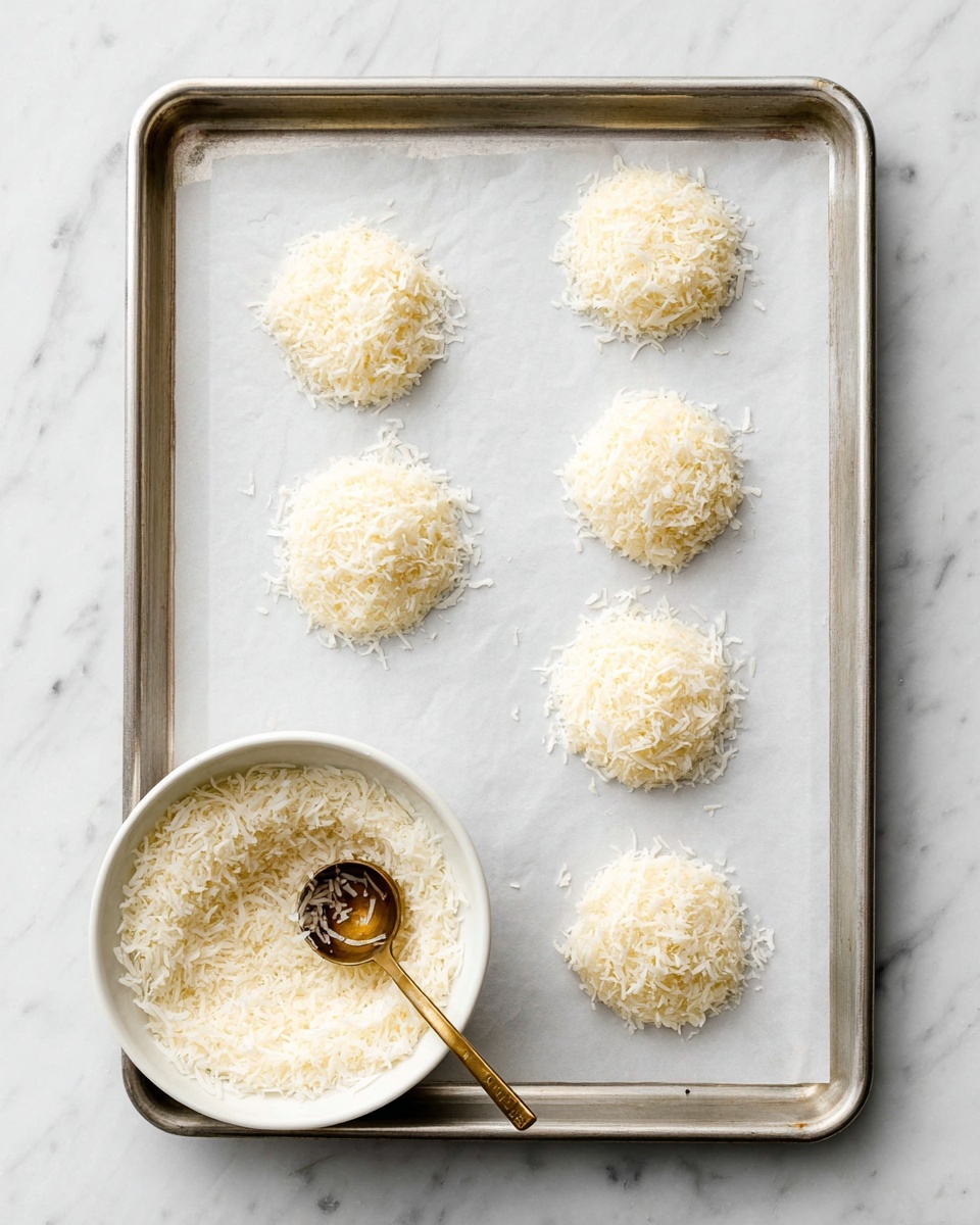 The image shows a metal baking tray lined with white parchment paper placed on a white marbled surface. On the tray, there are six evenly spaced small piles of shredded pale yellow coconut arranged in two vertical columns. In the bottom left corner of the tray, there is a white bowl filled with more shredded coconut, and a brass measuring spoon is resting inside the bowl, partly covered by the coconut. The scene is bright and clean, highlighting the soft, flaky texture of the coconut piles. photo taken with an iphone --ar 4:5 --v 7