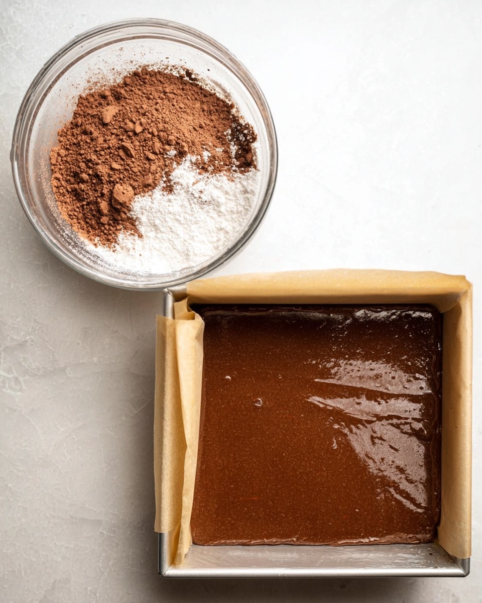 A square chocolate cake is cut into six equal pieces on a white marbled surface lined with white parchment paper on a black cooling rack. The cake has one thick layer covered with a smooth, thick layer of shiny dark chocolate frosting spread unevenly with swirls on top. The frosting is topped with scattered small dark chocolate sprinkles. To the right side, a metal cake server is lifting one piece of the cake. Above to the right, there is a white bowl filled with the same chocolate frosting. Below to the right, a woman's hand holds a brush with chocolate frosting on it, and extra chocolate sprinkles are scattered around. Photo taken with an iphone --ar 4:5 --v 7