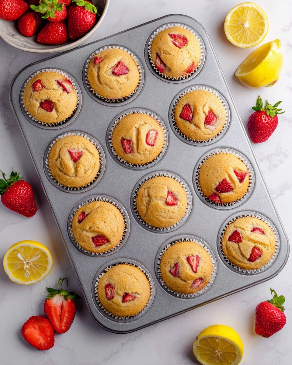 The image shows four light golden brown strawberry muffins on a round white plate with a rustic edge, each muffin in a pink paper liner. Every muffin has pieces of red strawberries baked in and is drizzled with a smooth pink strawberry glaze on top. Around the muffins on the plate are fresh shiny red whole strawberries with green leaves and one half-cut strawberry showing its bright red inside. To the upper right side, there is a white bowl filled with more pink strawberry glaze with some glaze dripping over the edge. A white marbled surface holds everything, with a slice of lemon and a pink cloth in the corners adding color. photo taken with an iphone --ar 4:5 --v 7